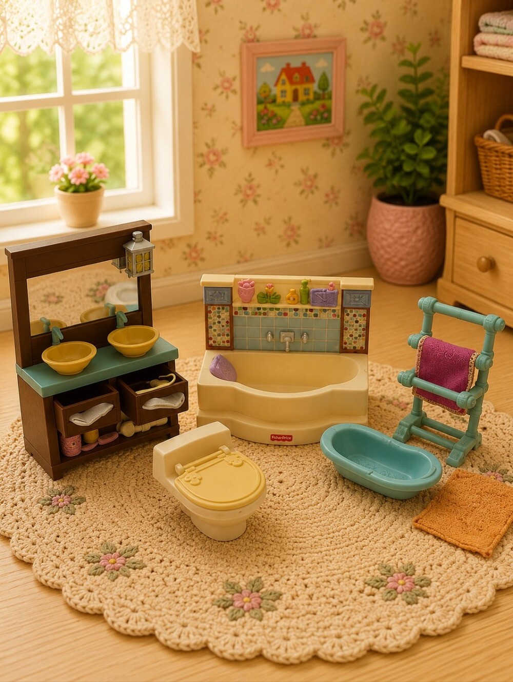 Fisher-Price Loving Family Bathroom Set Tub Vanity Toilet Towels Dollhouse
